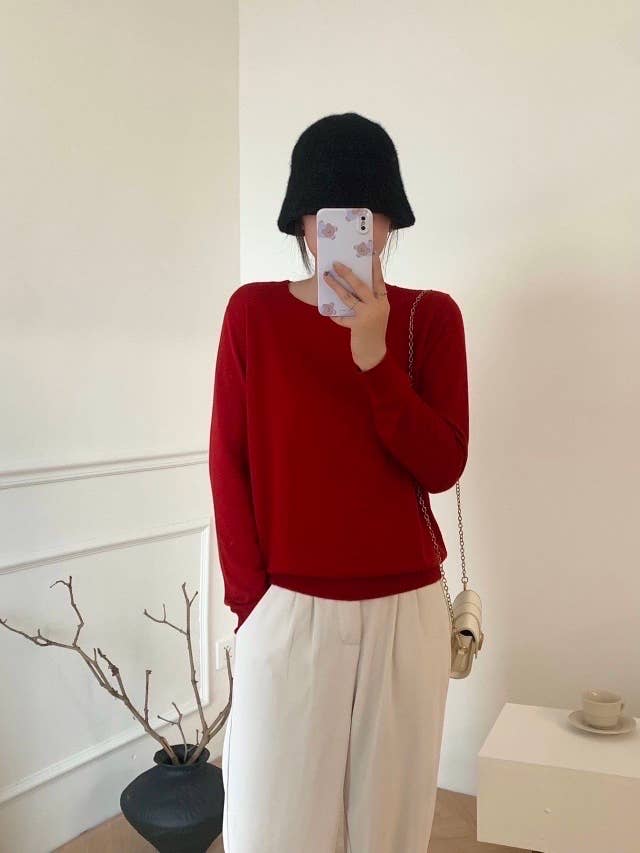 SK803 - fine knit long-sleeve wool sweater, basic, round neck for wholesale by SOGGO