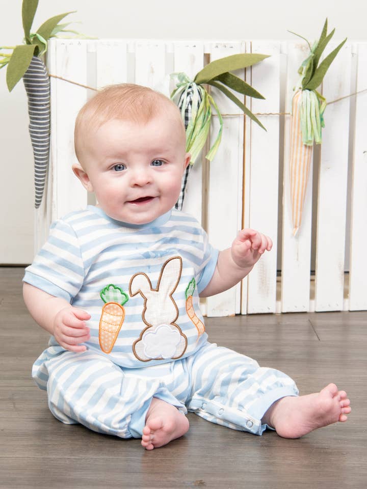 Bunny & Carrots Striped Cotton Romper for wholesale by Marie Nicole Clothing
