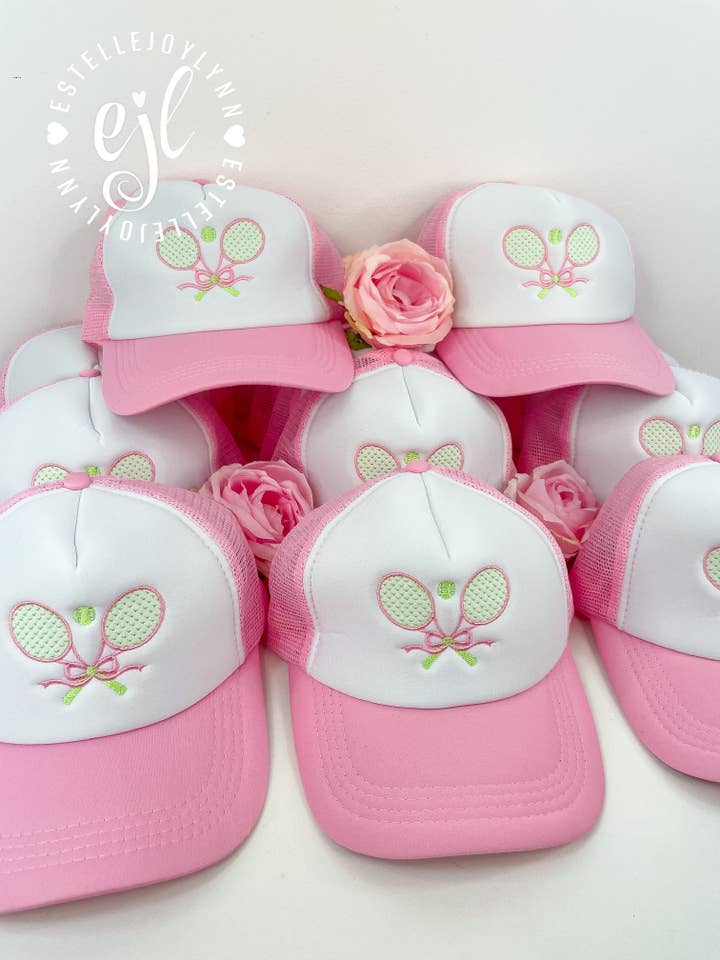 Tennis Racquet Bow Embroidered Trucker Hat / Sports for wholesale by EstelleJoyLynn, LLC
