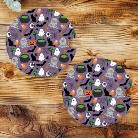 Prairie Chicken Sticker Shop & Gifts - Wholesale Car Coaster - Unisex - Halloween Witches Brew Cats & Bats Neoprene Car Coaster Set0