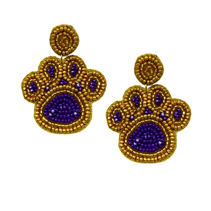 Beaded Purple and Gold Tiger Paw Earrings (Pair) for wholesale by Plush Appeal LLC