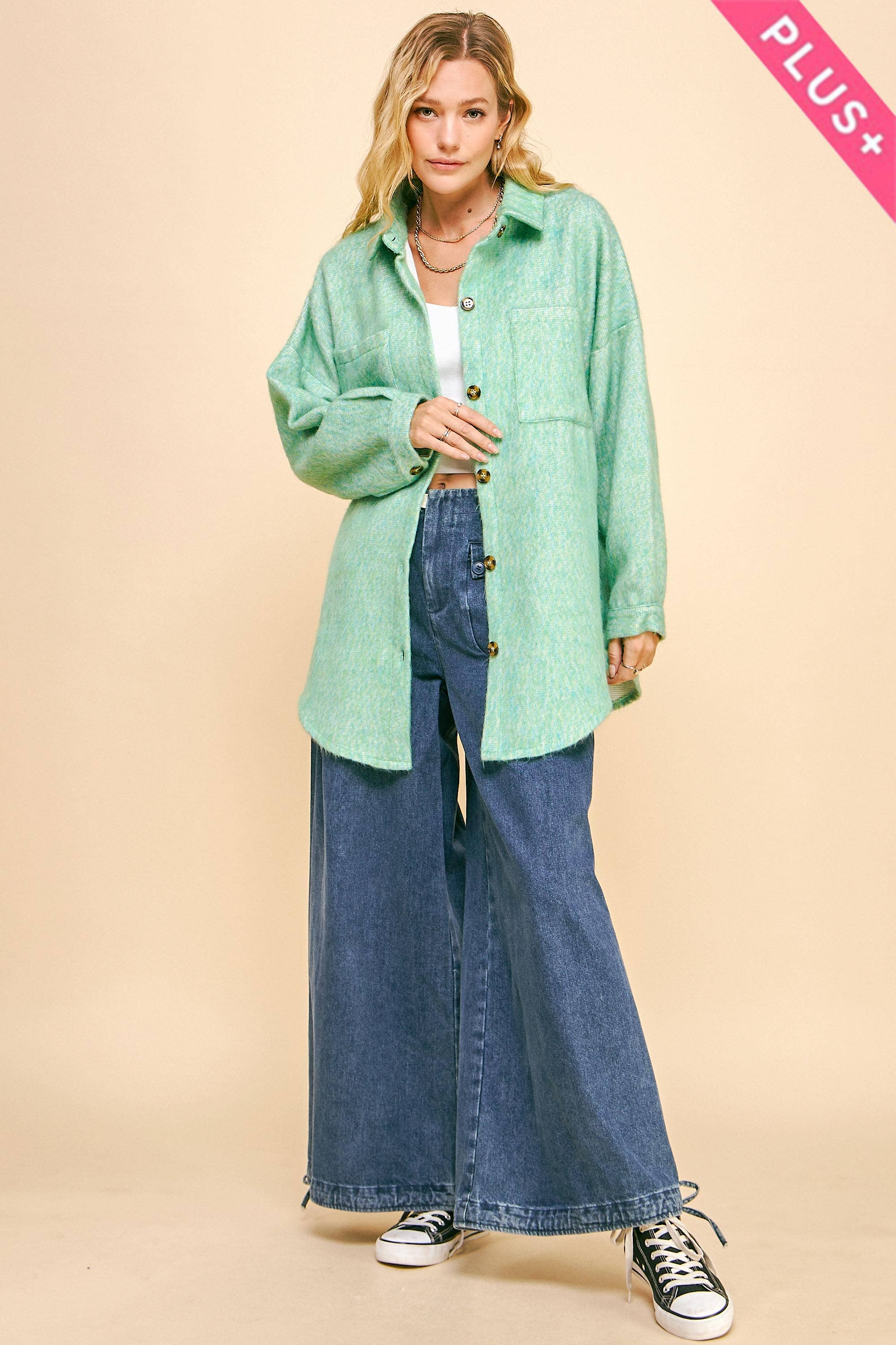 MINT GREEN PLUS FUZZY TEXTURED CHEST POCKET BUTTON UP JACKET for wholesale on Faire8