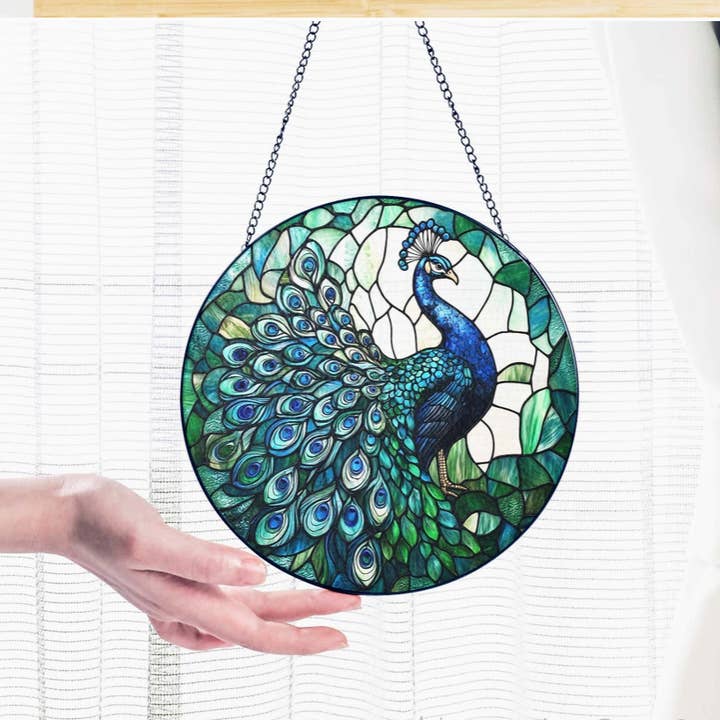 Peacock Flower Stained Glass Suncatcher, Peacock Window Art for wholesale by TMLECOM LTD