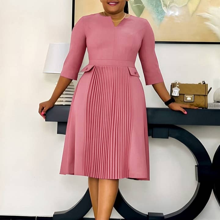 ACCITY - Wholesale Dress - Women's - OVERSIZED PLEATED THREE-QUARTER SLEEVE DRESS_CWDSD6088