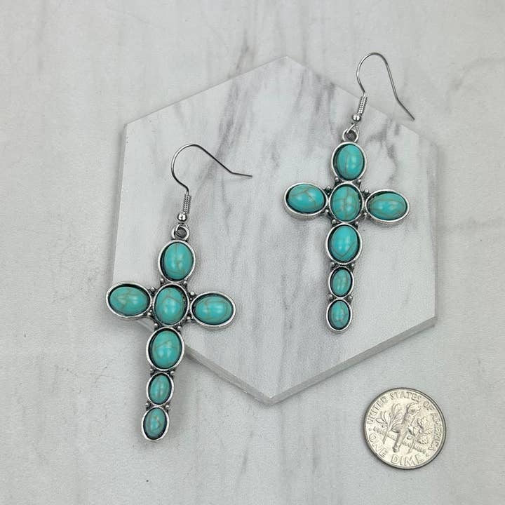Western Elite Jewelry - Wholesale Dangle Earrings - ERS030424-21 silver with blue oval turquoise stone cross Earrings.