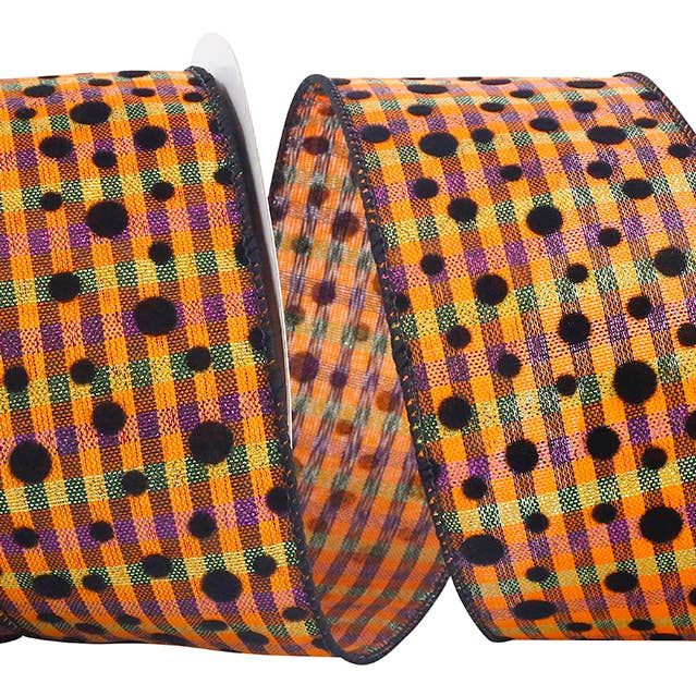 Plaid Felt Dots Wired Edge, 2-1/2 In, 10 Yards for wholesale by RELIANT RIBBON