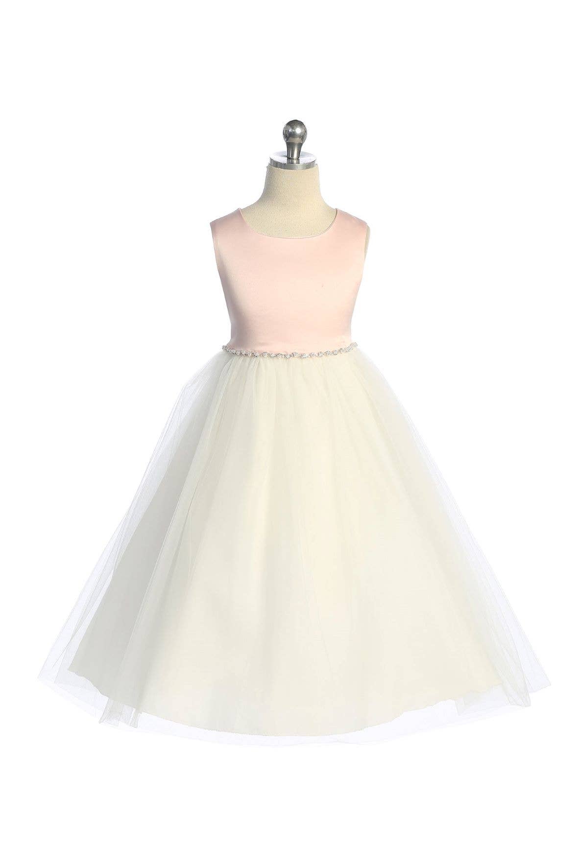 Kid's Dream - Wholesale Dress - Kids - Satin Top Girls Dress with Wavy Rhinestone & Pearl Trim2