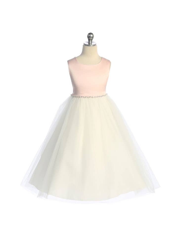 Kid's Dream - Wholesale Dress - Kids - Satin Top Girls Dress with Wavy Rhinestone & Pearl Trim2