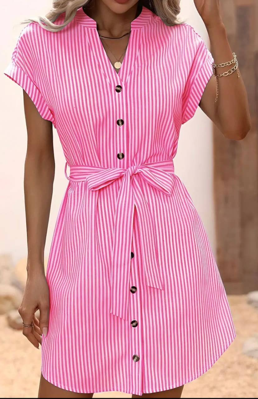 LOOWIE - Wholesale Dress - Women's - D640 Purple Striped Cotton Shirt Dress Short Sleeves LOOWIE1
