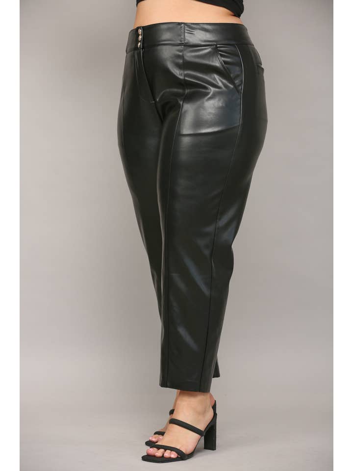 BLACK FAUX LEATHER BANDING PANTS WITH 3 METAL BUTTONS FP61021P for wholesale on Faire3