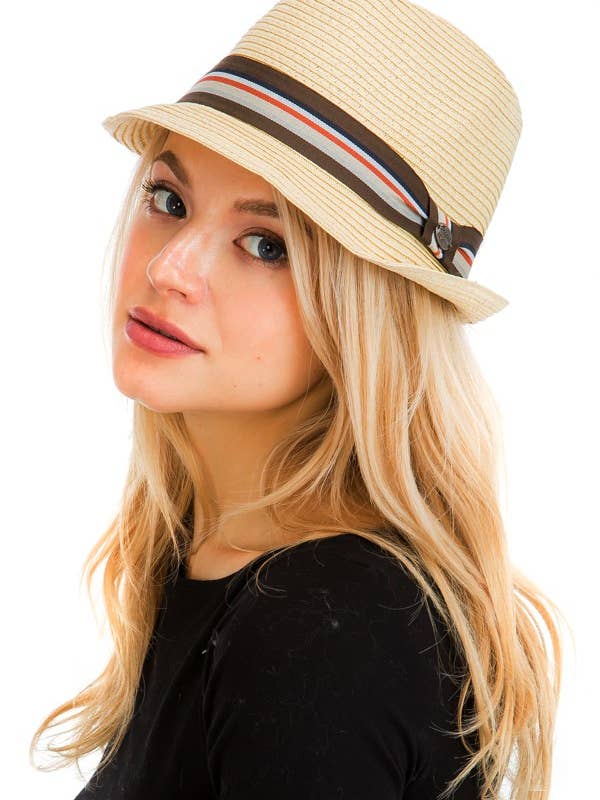 Stripe Band Detailed Toyo Straw Fedora for wholesale by Cap Zone