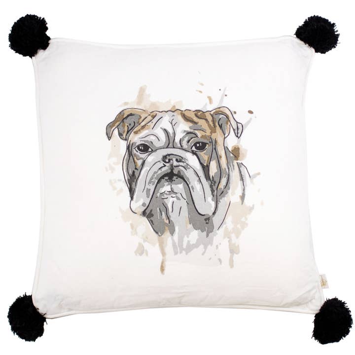 The Royal Standard – wholesale Dekorativ kudde – Bulldog Love Pom Pom Kudde Mjuk Vit/Brun/Svart 16x16