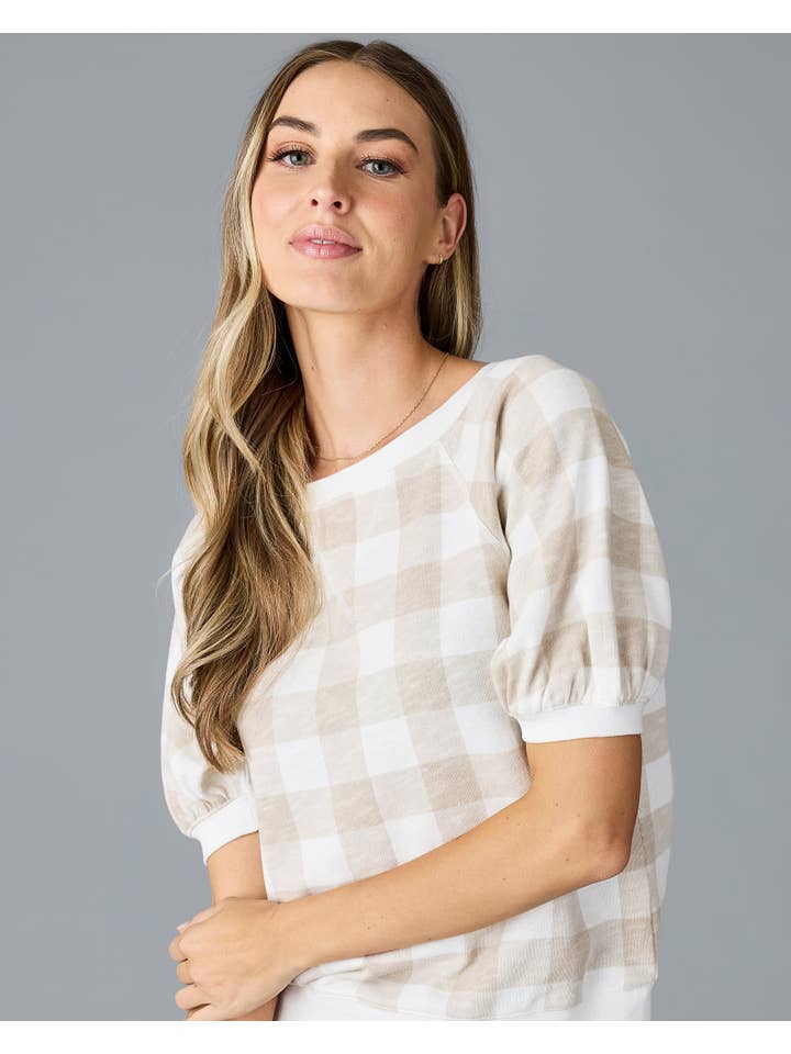 Grey Check Powder Puff Sleeve Top for wholesale on Faire