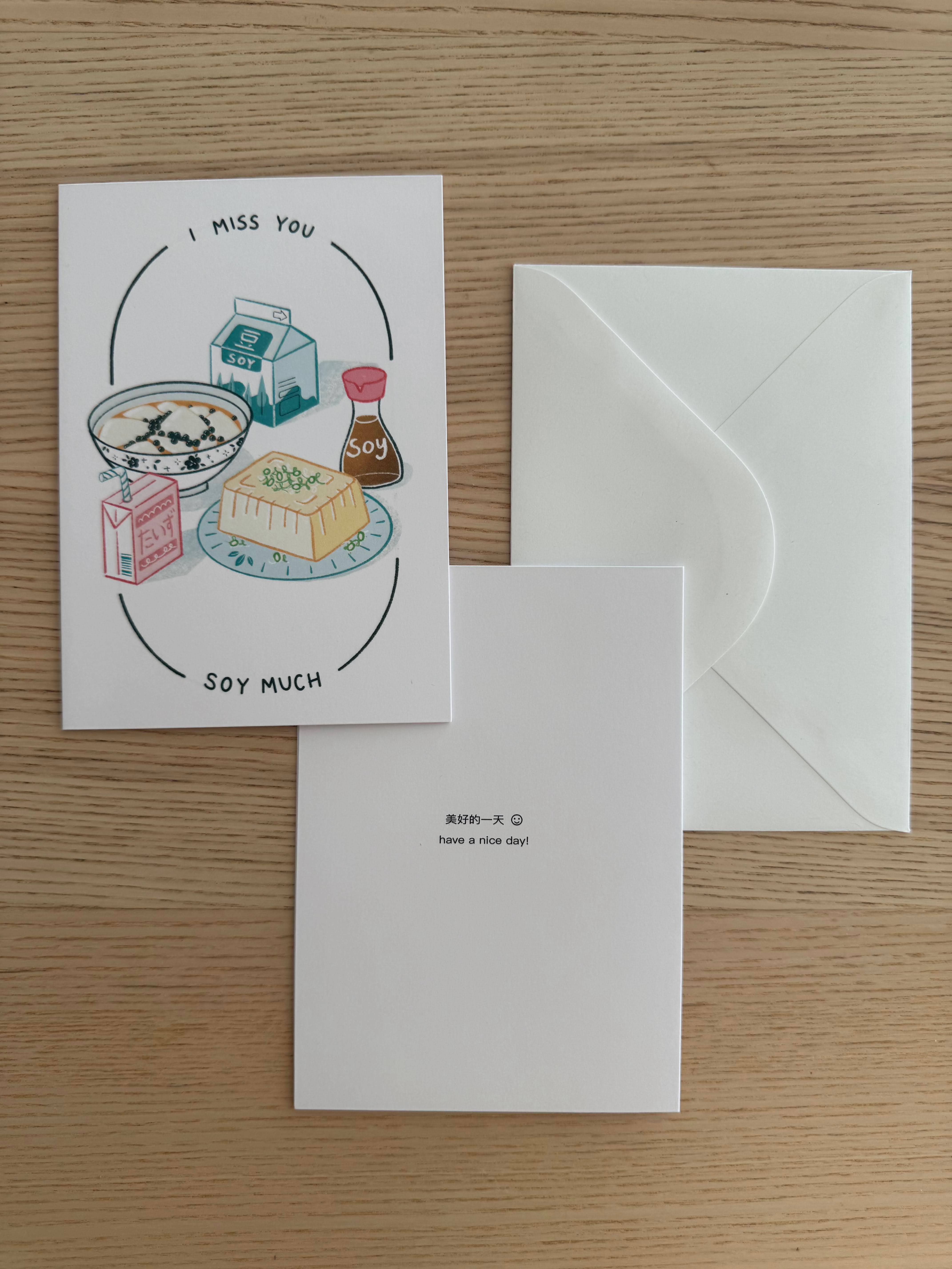 mou mou market – wholesale Everyday greeting card – Asian Food Greeting Card | Tofu | Miss You Soy Much3