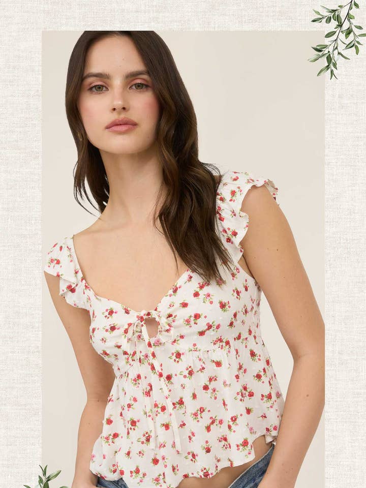 Blu Pepper - Wholesale Blouse - Women's - FLORAL CLIP DOT FRONT TIE WITH CUT-OUT CROP TOP