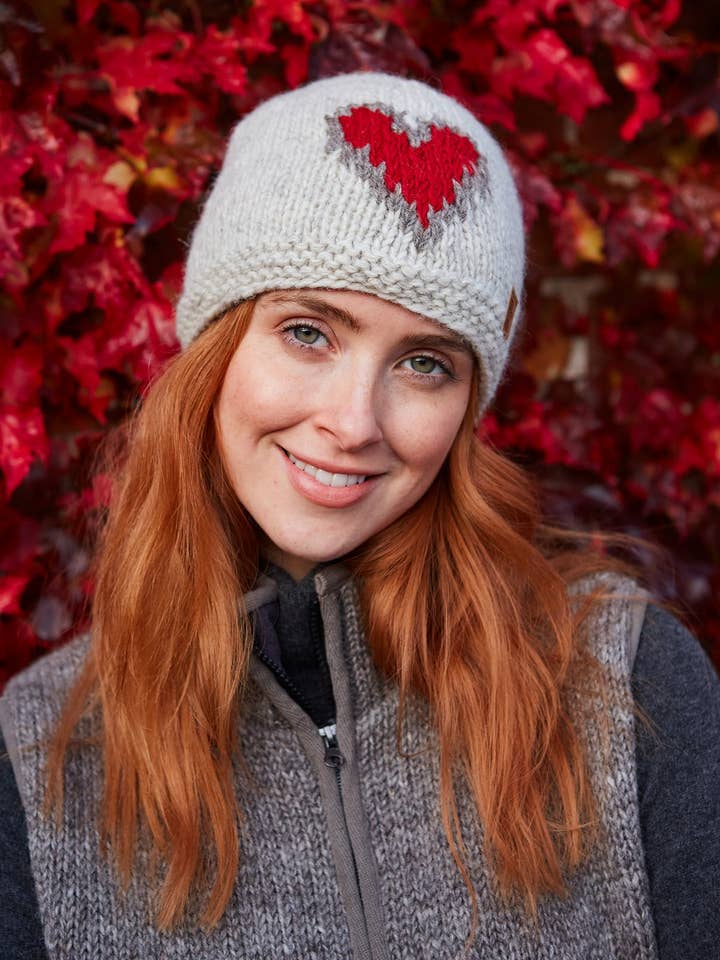 Heart - Natural Hand Knitted Wool Red Heart Beanie Hat for wholesale by Pachamama Ltd