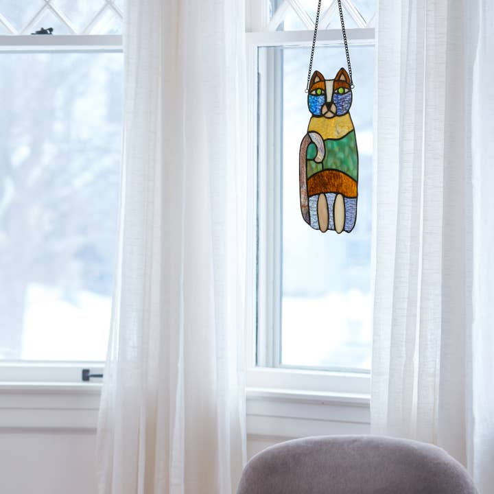 Purple 13"H Cecilia the Cat Multicolor Stained Glass Window Panel for wholesale on Faire4