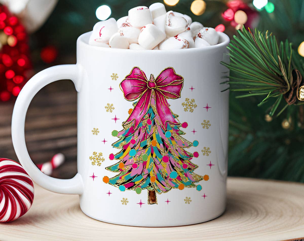 House Of Rodan - Wholesale Coffee mug - Coquette Christmas Tree Pink Bow Snow Flakes Coffee Mug