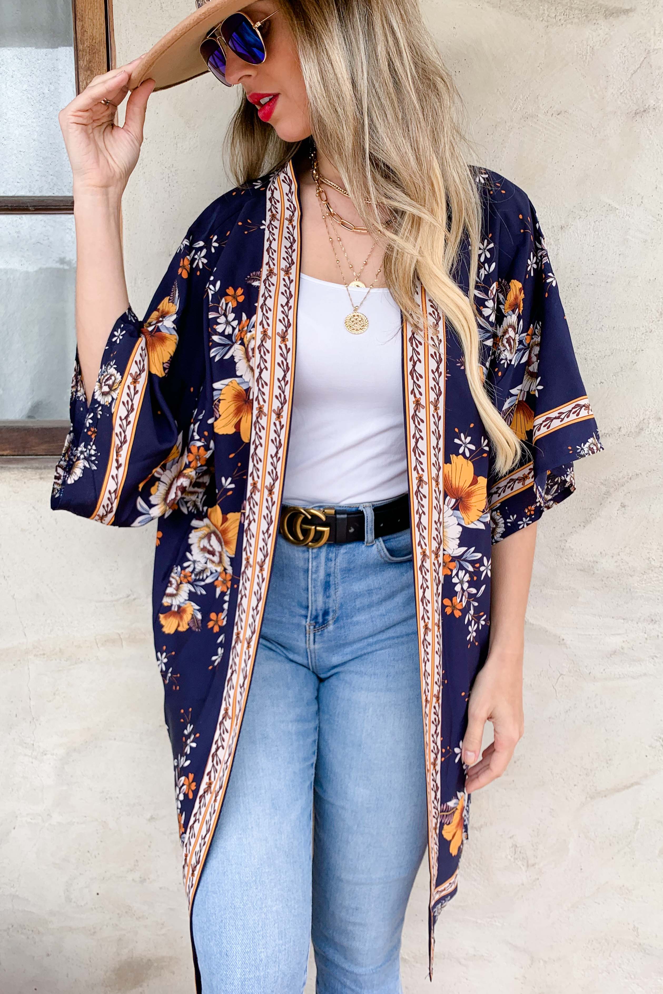 Navy Floral Border Printed Kimono Cover Up for wholesale on Faire1