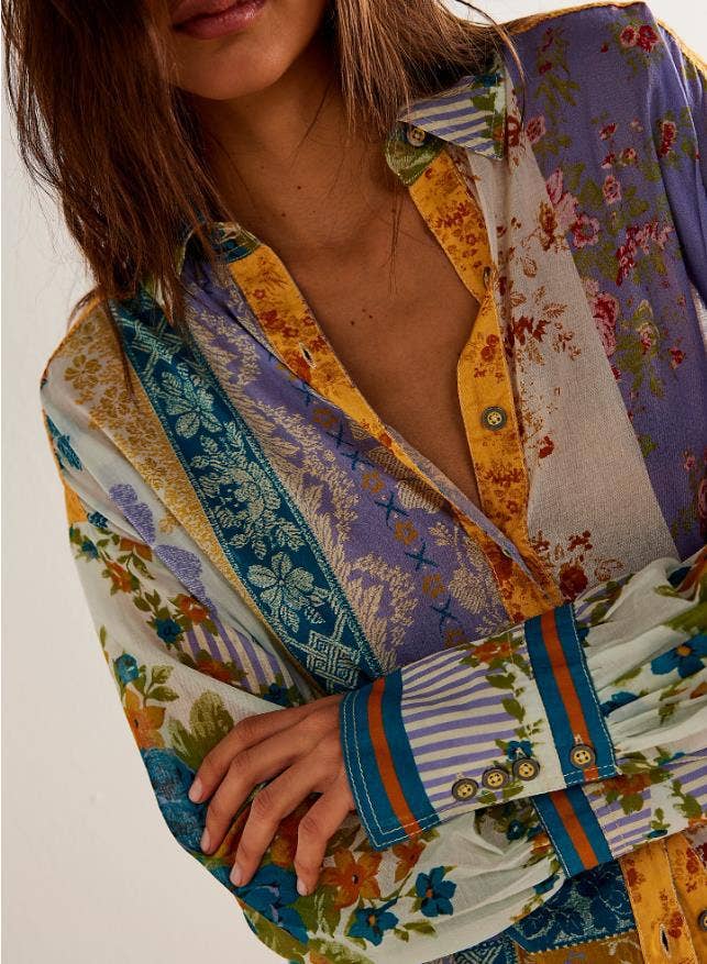 Rosa Clothing - Wholesale Button Down Shirt - Women's - Bohemia chic vibe Floral patchwork print button-up shirt9