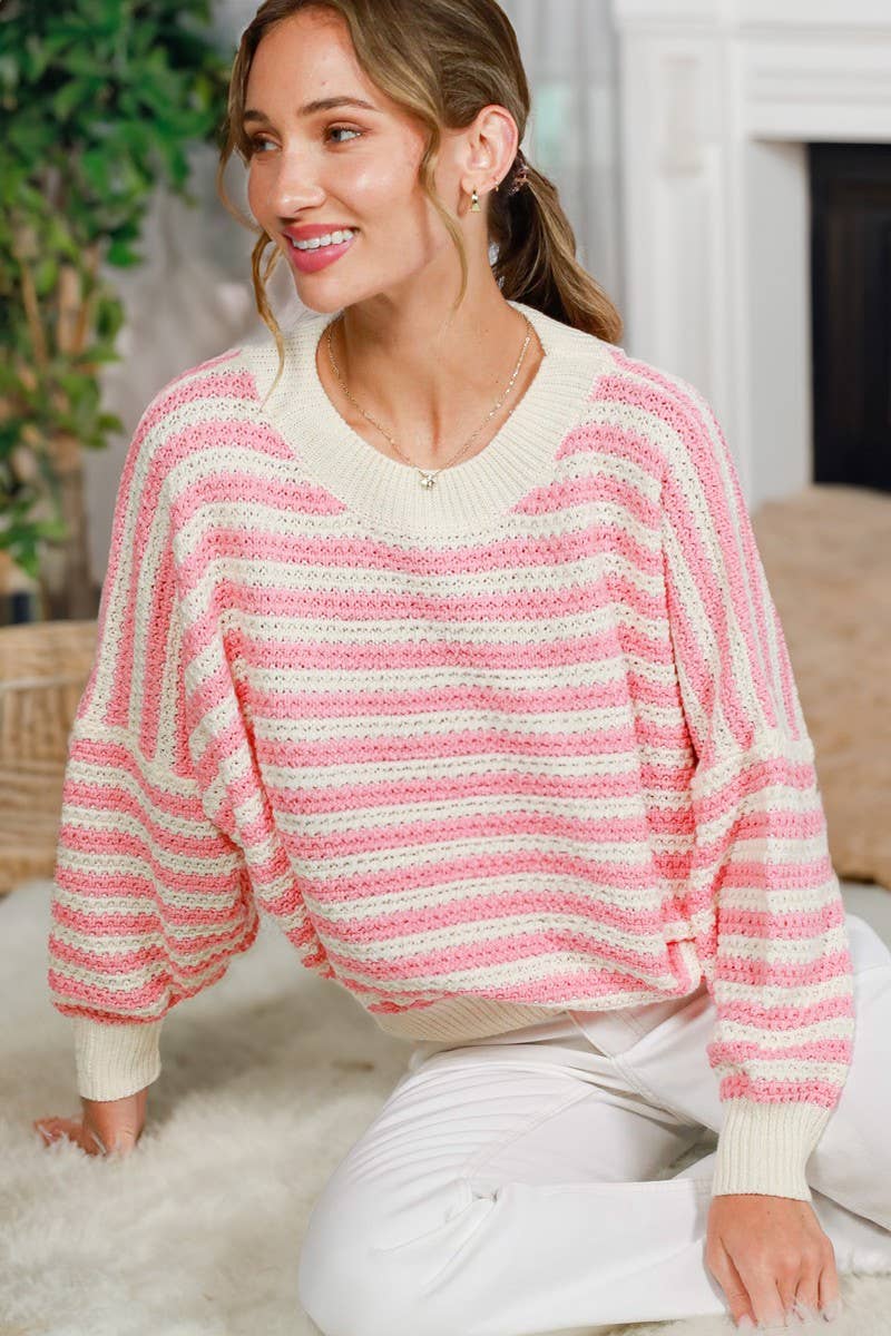 Vine & Love - Wholesale Knit Sweater - Women's - Crew Neck Long Balloon Sleeve Strip Crochet Sweater VT816669