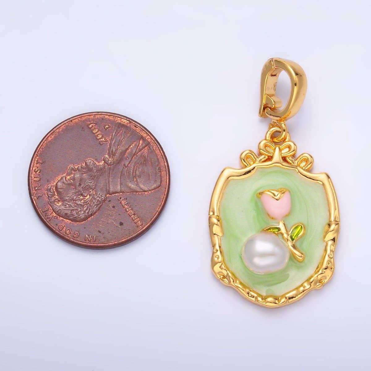 Aim Eternal - Wholesale Individual Charm/Pendant - 24K Gold Filled Green Pink Rose Flower With Pearl Snap Bail Pendant | AA14621