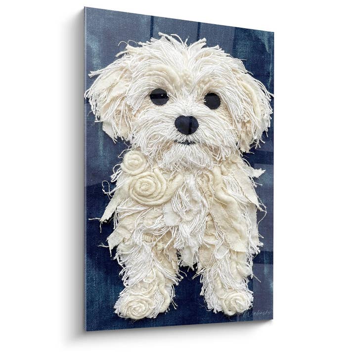 Mesa Perro Blanco Textura Fibras sobre Fondo Azul Marino - Retrato Artístico - Edición Bichón Maltés para venta al por mayor de Walensky