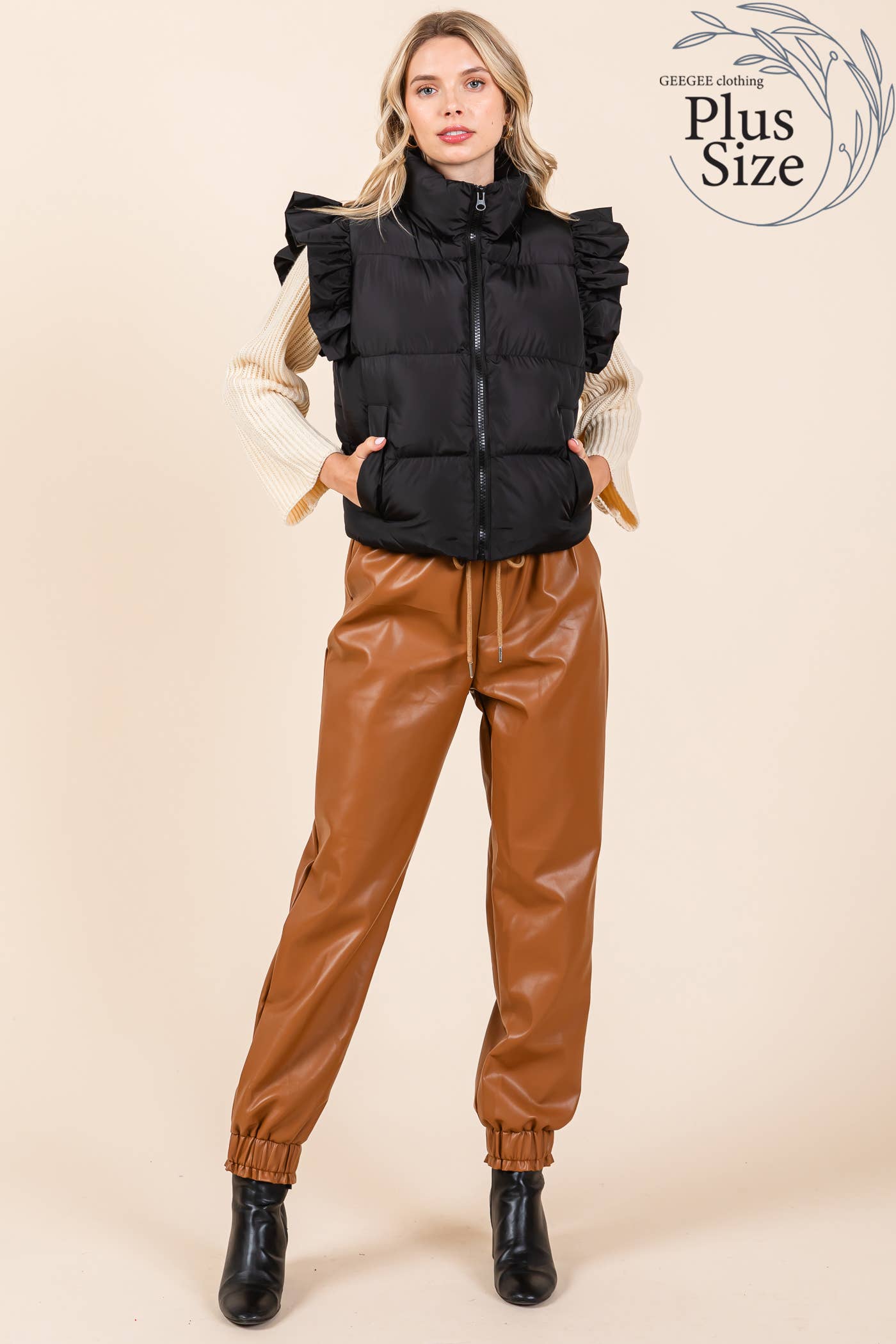 GeeGee x Lovelo - Wholesale Outerwear Vest - Women's - Plus Ruffled Sleeve Puffer Vest, MJ4501PL35