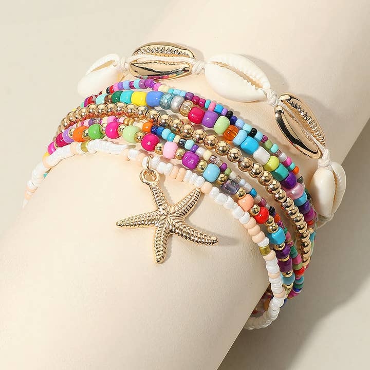 Sensibling Corp. – wholesale Jewellery set – 6PCS - Starfish Charm Accented Conch Shell Seed Beaded Multi Layered Anklets3