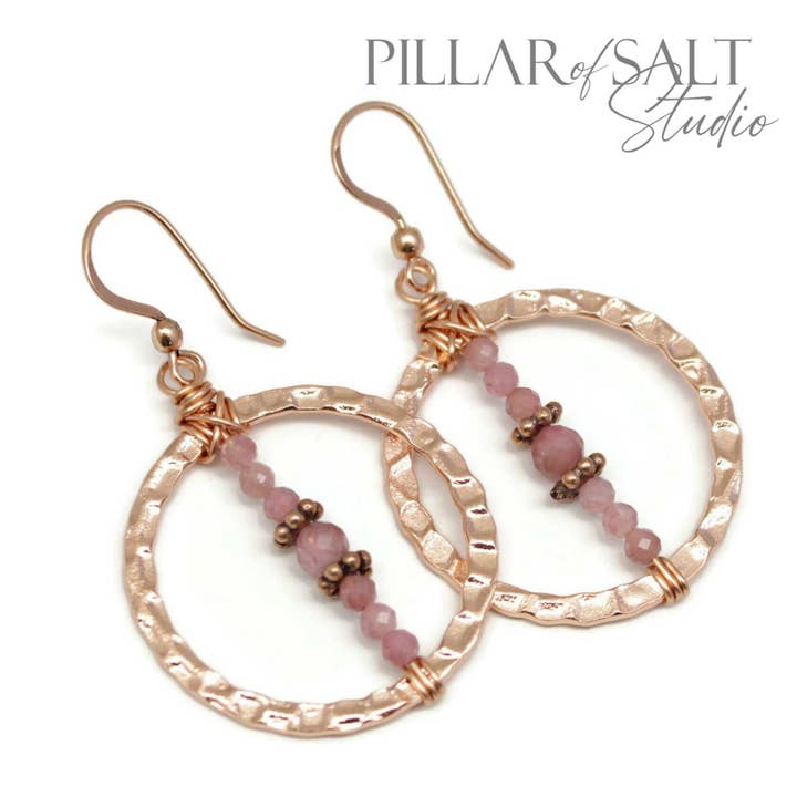 Hammered Copper Circle Pink Tourmaline Handmade Earrings for wholesale by Pillar of Salt Studio