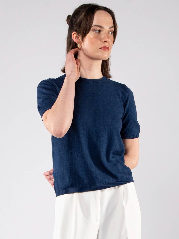 Ultralight Navy Blue Sweater in GOTS Organic Cotton Yarn for wholesale by Achega Knitwear