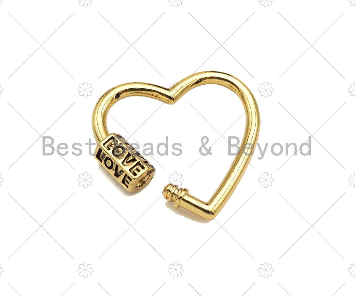 BestBeads&Beyond - Wholesale Clasp - 18K Gold Love Word On Heart Shape Screw Clasp, Heart Connector, Gold Carabiner Clasp,30x29mm, Sku#K1722