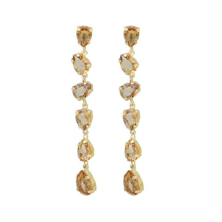 Long Magnolia crystal teardrop earrings in gold-plated silver for wholesale by Victoria Cruz