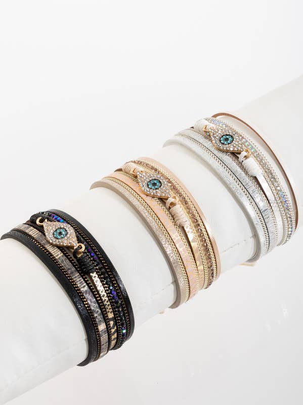 Evil Eye Leather Metallic Bracelet for wholesale by SAACHI