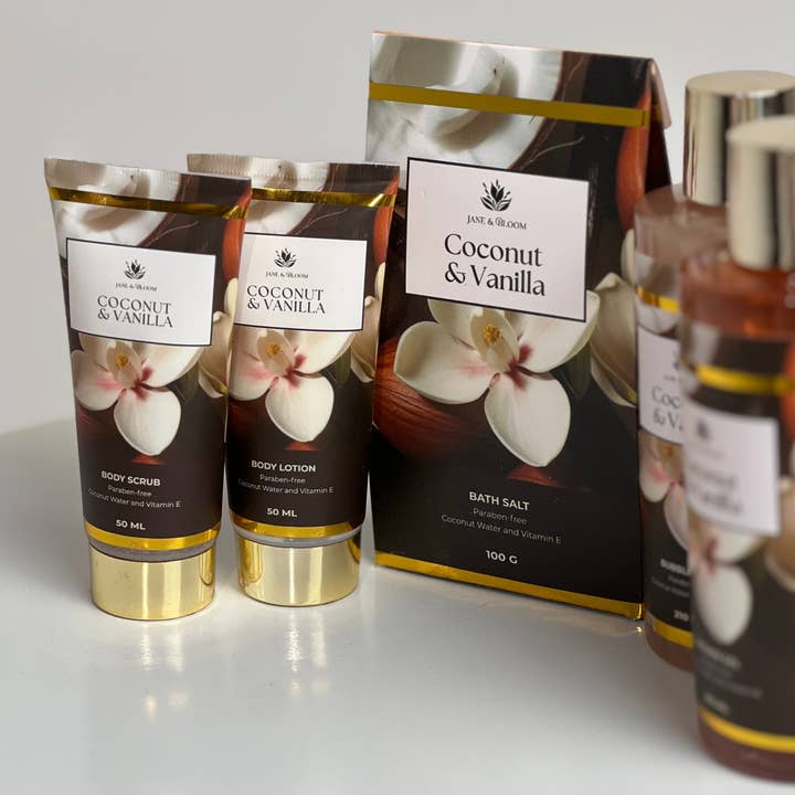 Jane & Bloom - Wholesale Bath & Body Set - Spa Gift Basket Coconut & Vanilla Basket, Self Care Gift5