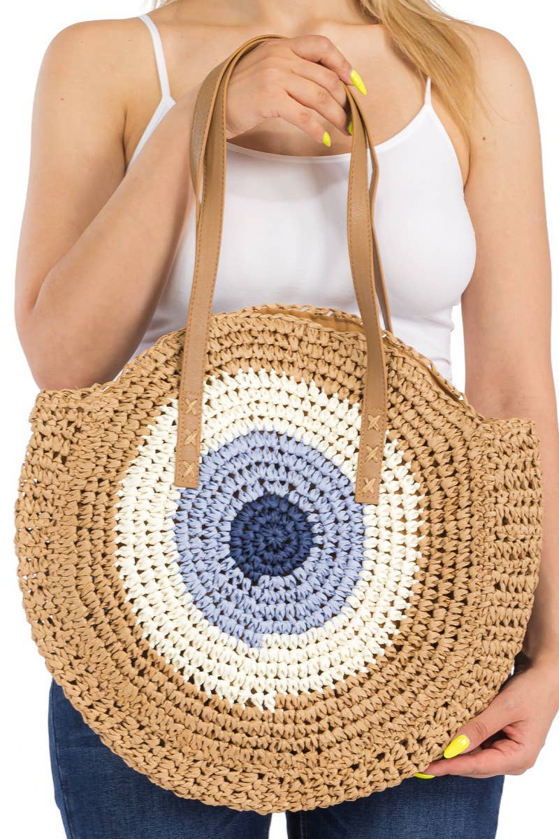 Cap Zone - Wholesale Beach Bag - Boho Evil Eye Rattan Wicker Round Beach Tote Bag3