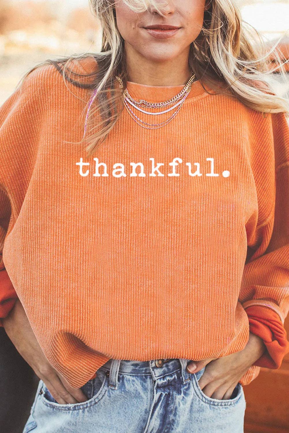 Orange Thankful Ribbed Crew Neck Thanksgiving Sweatshirt for wholesale on Faire