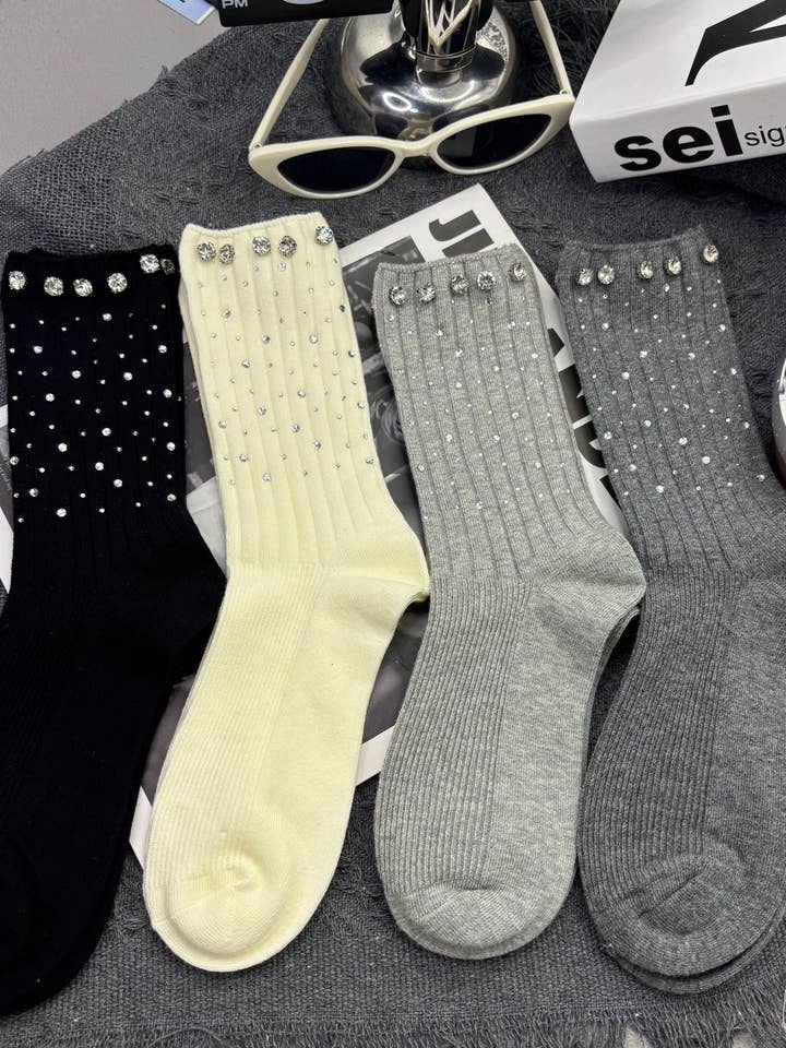 Rhinestone Ribbed Sweet Cotton Socks DP25A442 for wholesale by Dipped Shop