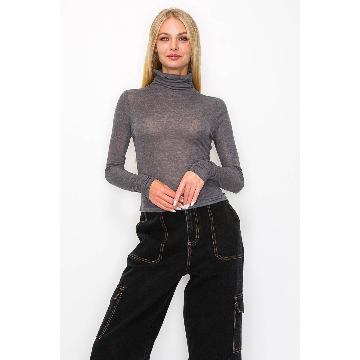 Honey Mango - Wholesale Blouse - Women's - Long sleeve sheer turtleneck top16