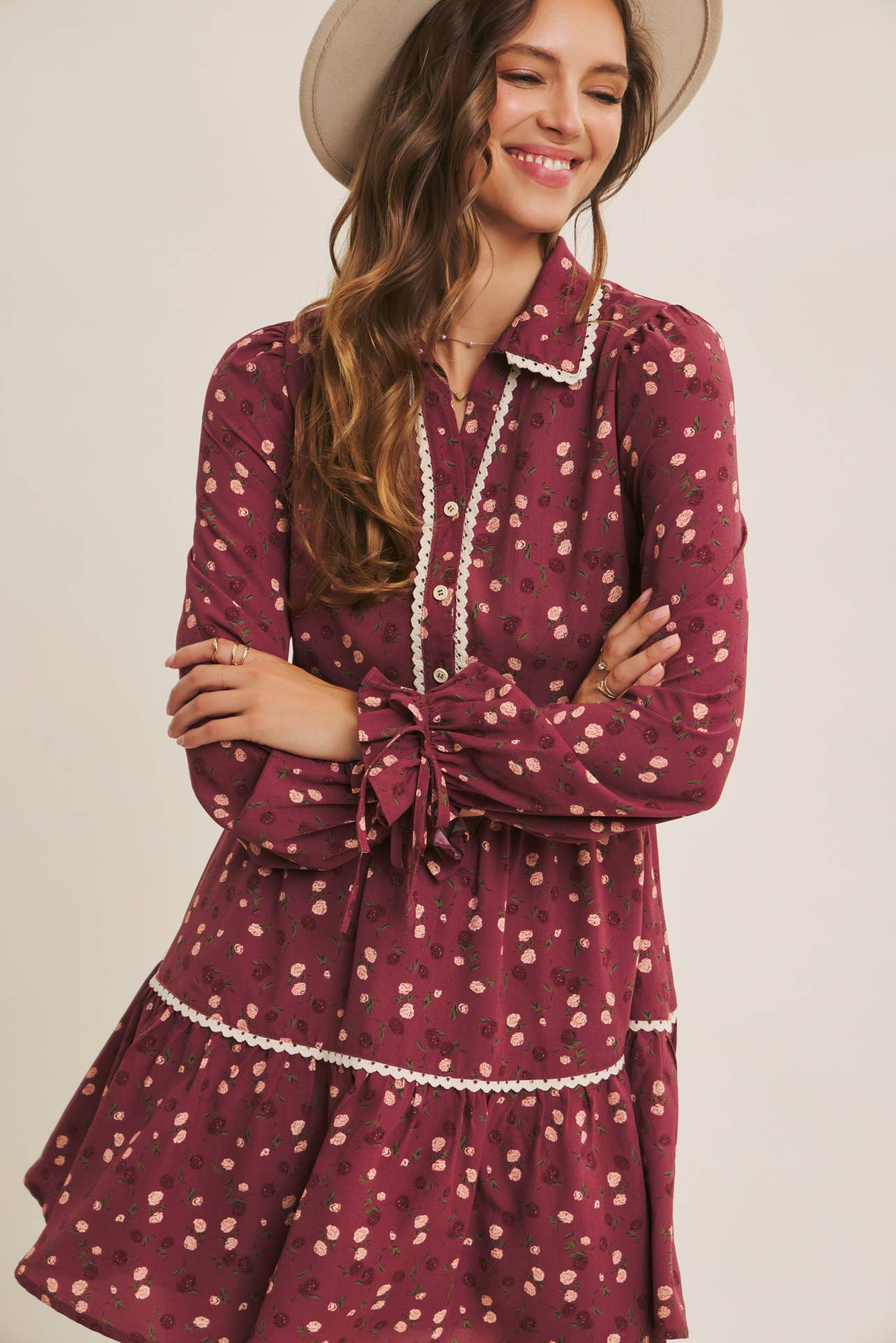 WINE CAPTURES THE MAGIC ELEGANT MINI DRESS WITH SCALLOP LACE for wholesale on Faire3