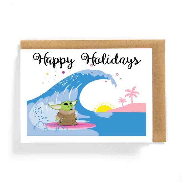 Baby Yoda Happy Holidays Card for wholesale by HotAvocado.com