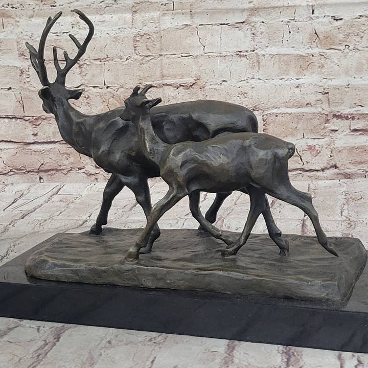 Bronzhaus - Wholesale Sculpture - Deer Buck Elk and Doe Fawn Caribou Reindeer Bronze Statue Sculpture Marble Base 11" x 13"3