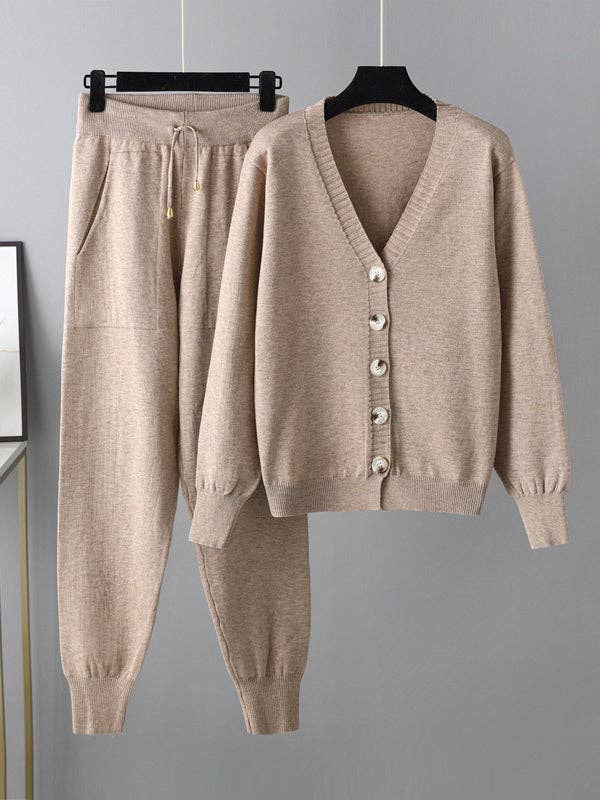 Sheer Trend - Wholesale Top & Pant Set (NOT Loungewear) - Women's - Casual Loose Solid Color V-Neck Cardigan Tops & Harem Pants Two Pieces Set