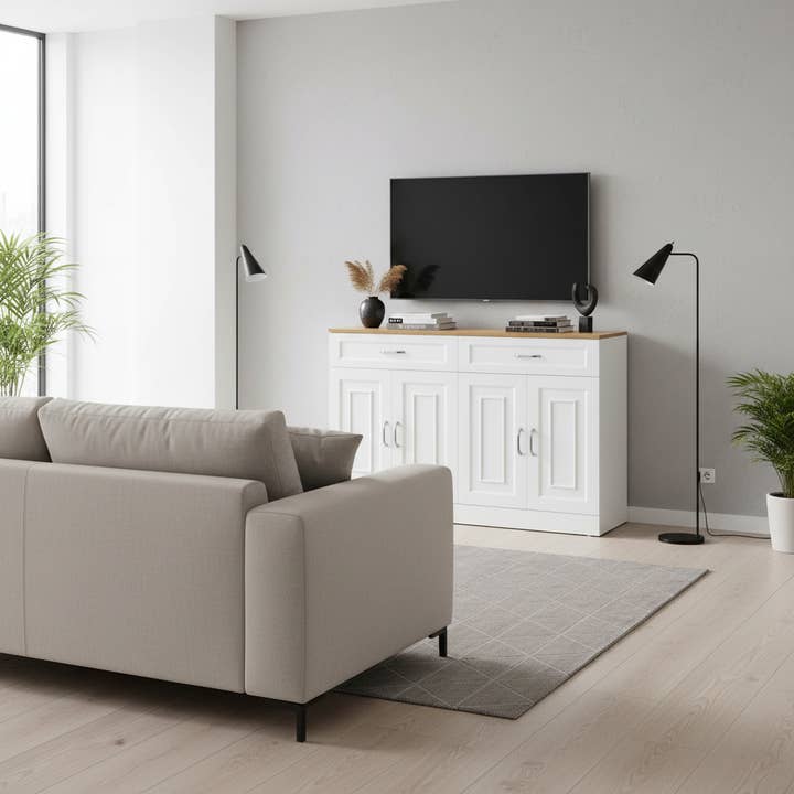 Urban Meuble - Wholesale Cabinet - Wood and white effect sideboard with 4 doors and 2 drawers 120*35cm OPALPHYT4