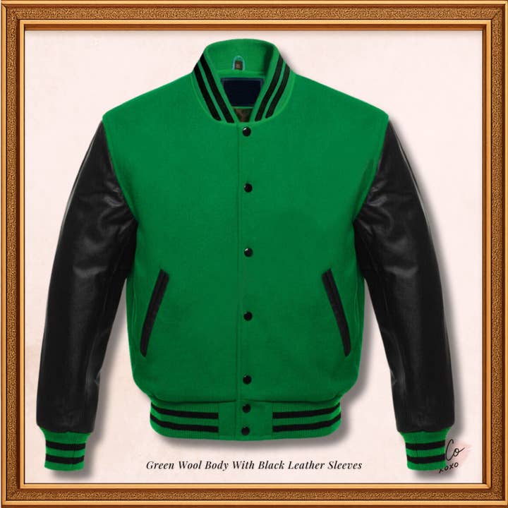Unisex Green Wool Genuine Black Leather Sleeves Varsity Jacket for wholesale by OH Wears