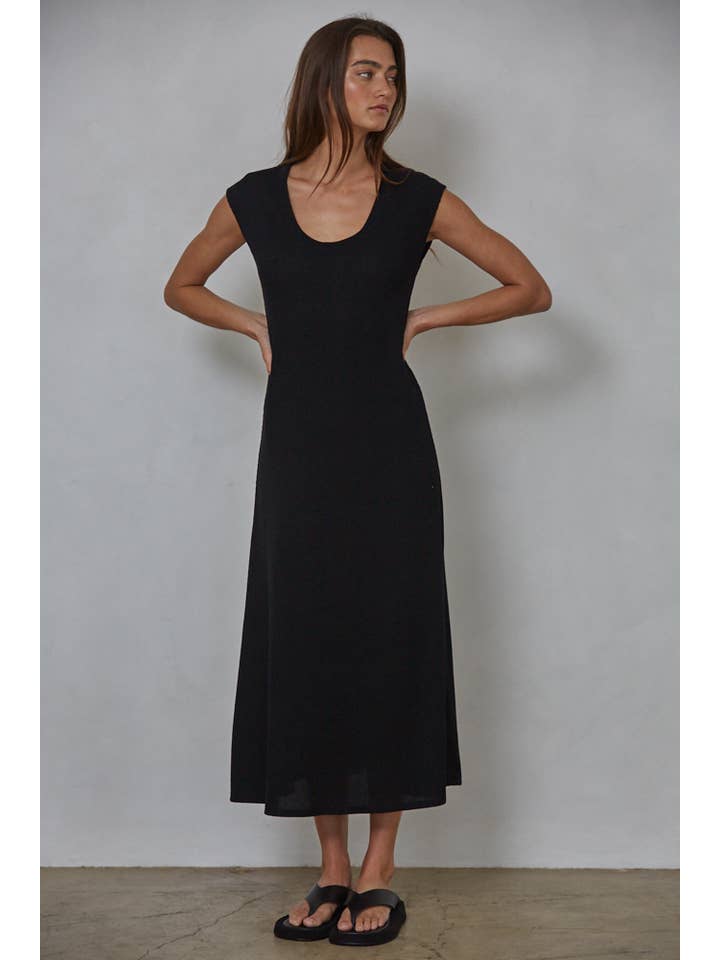 Black RJ3447 | Knit Cotton Rayon Spandex Ribbed Cap Sleeve Dress for wholesale on Faire