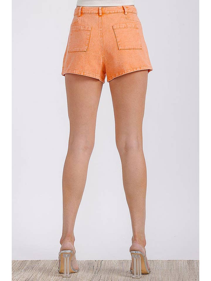 Orange ZIPPER CLOSURE BACK POCKET MINI DENIM SHORTS for wholesale on Faire2