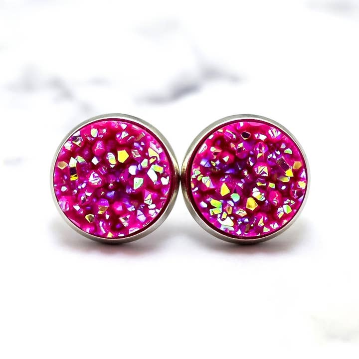 Daydreamer Designs - Wholesale Stud/Post Earrings - Magenta Sparkle Druzy Stud Earrings