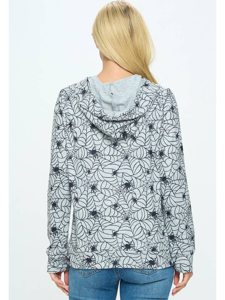 GREY Spider Web Print Hoodie With Pocket for wholesale on Faire4