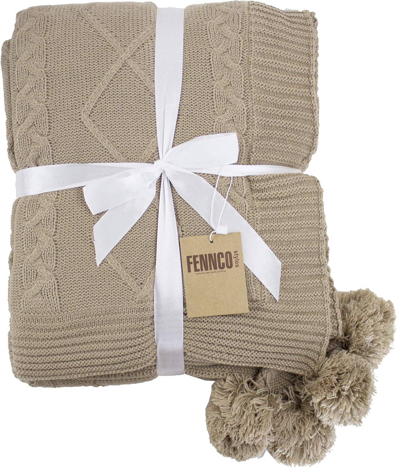 Fennco Styles – wholesale Prydnadsfilt – Taupe lyxig pläd med kabelstickning och päls imitation5